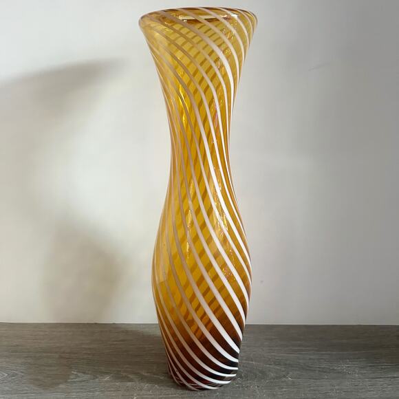 VNTG MCM Hand Crafted White/Amber Spiral Glass Hourglass Shaped Jar Style Vase - Picture 1 of 9